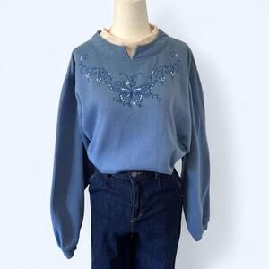 Vintage blue sweater shirt with cream collar and butterfly embroidery